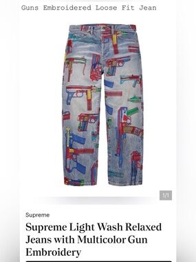 Supreme Light Wash Relaxed Jeans with Multicolor Gun Embroidery